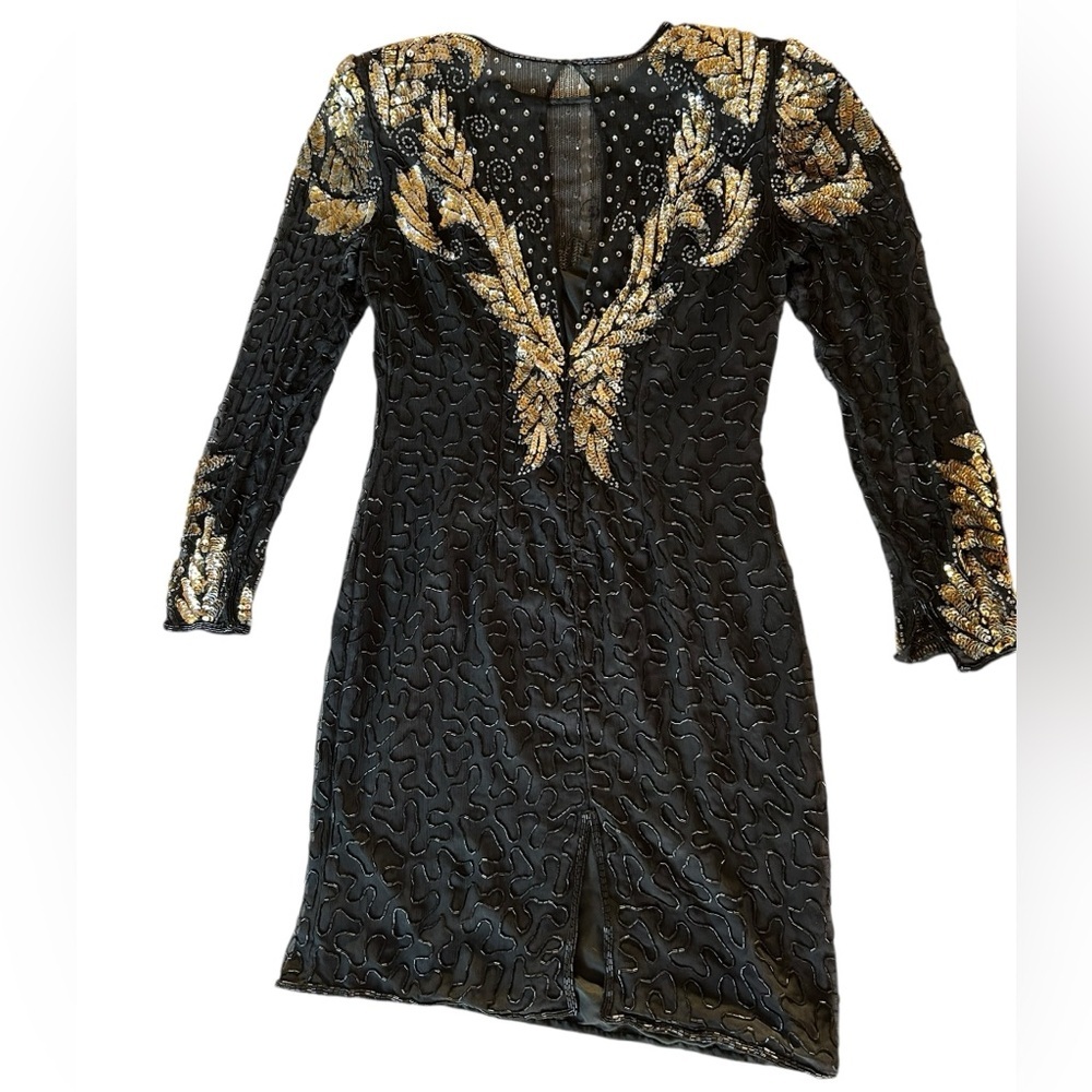 Vintage 80s Laurence Kazar Cocktail Party Black Gold Sequined Beaded Silk Dress - Picture 2 of 7
